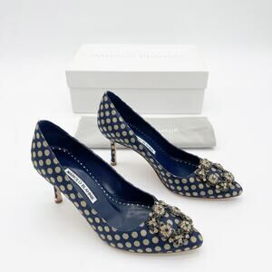 Manolo Blahnik Hangisi Navy Gold Polka Dot Jacquard Crystal Buckle Pumps IT 36.5